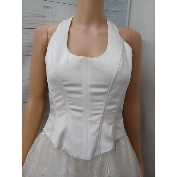 Vtg Jessica McClintock Bridal Ivory Halter Maxi Dress Sz 4 Wedding Prom Sequined - Picture 2 of 9